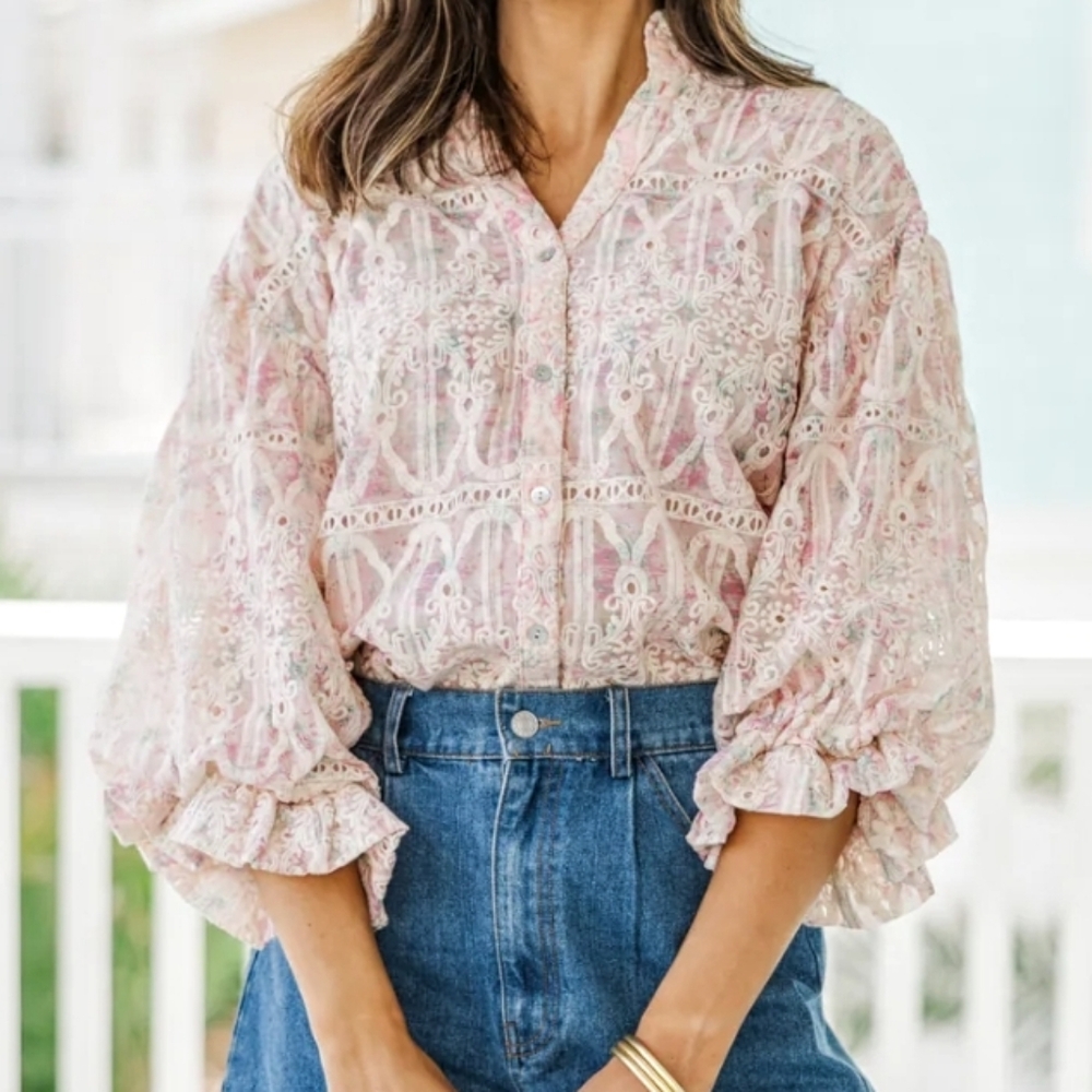 NWT Fate Pretty In Pink Bubble Sleeve Poet Sleeve Top Shirt M L